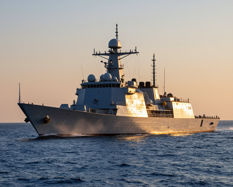 Modern Naval Frigate at Sunrise